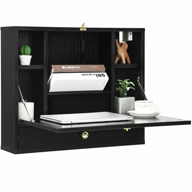 Wall Mounted Wooden Cabinet with Drop Down Desk-Black