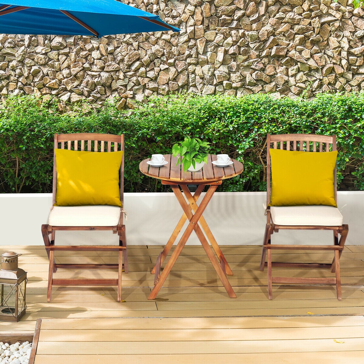 3 Piece Folding Bistro Set with Cushions for Patio-Beige