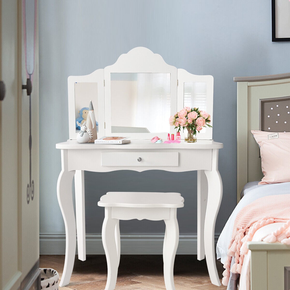 Kids Wooden Vanity Table and Stool Set with Detachable Top Folding Mirrors-White