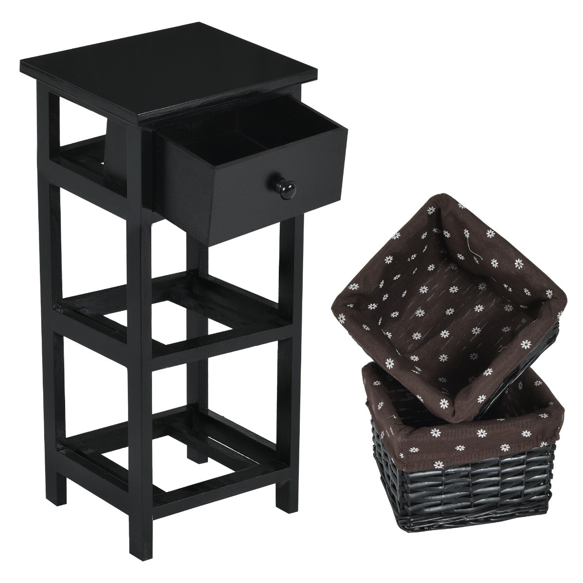 Bedside Table Made of Paulownia Wood in Country House Style-Black-2 Pieces