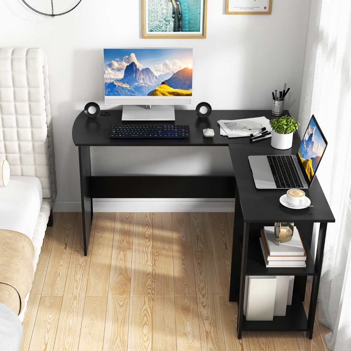L-Shaped Computer Desk with 2-Tier Open Shelves