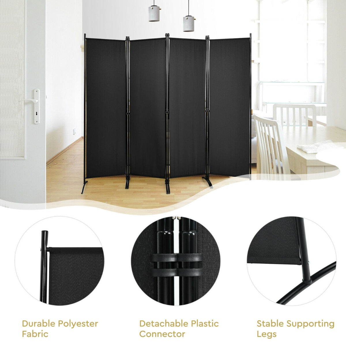 4 Panel Wall Privacy Screen Protector for Home-Black