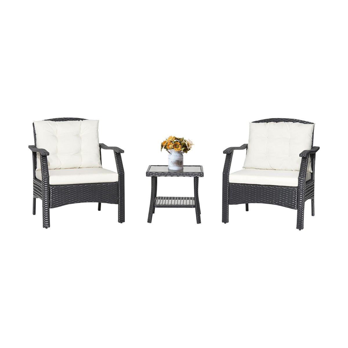3 Pieces Wicker Furniture Set with 2-Tier Coffee Table for Outdoor