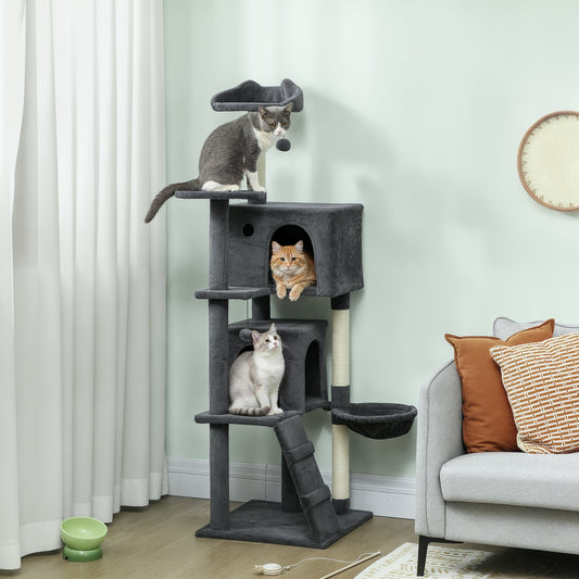 PawHut 160cm Large Cat Tree Tower with Sisal Scratching Posts, Condos, Plush Perches, Hammock, Ladder, Dark Grey