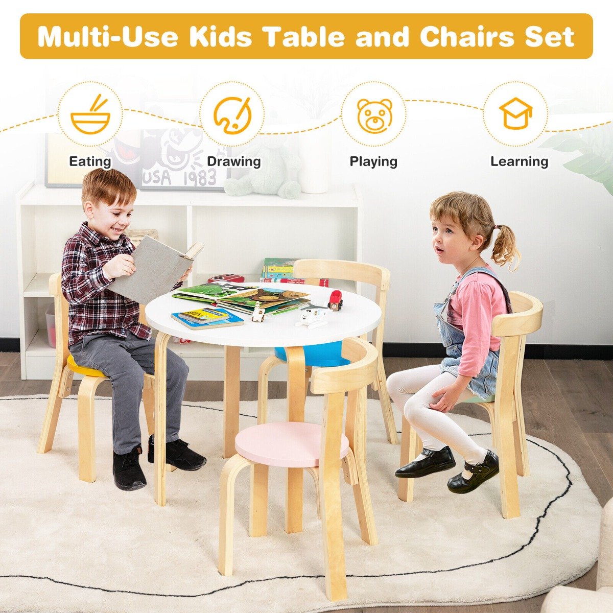 5-Piece Kids Play Table and Chair Set for Playing Drawing Reading-Colourful