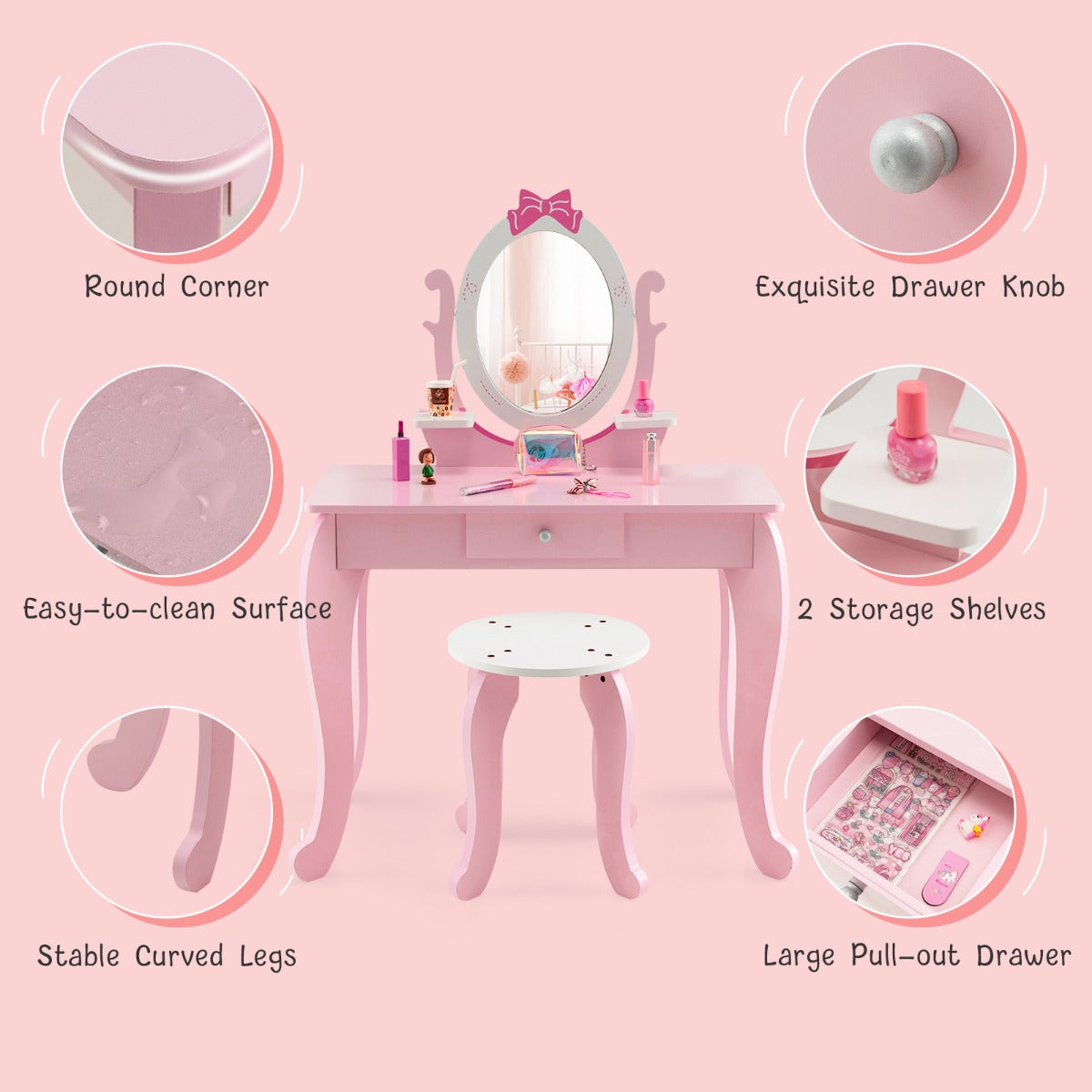 2 in 1 Kids Vanity Table with Stool and 360° Rotating Mirror-Pink & White