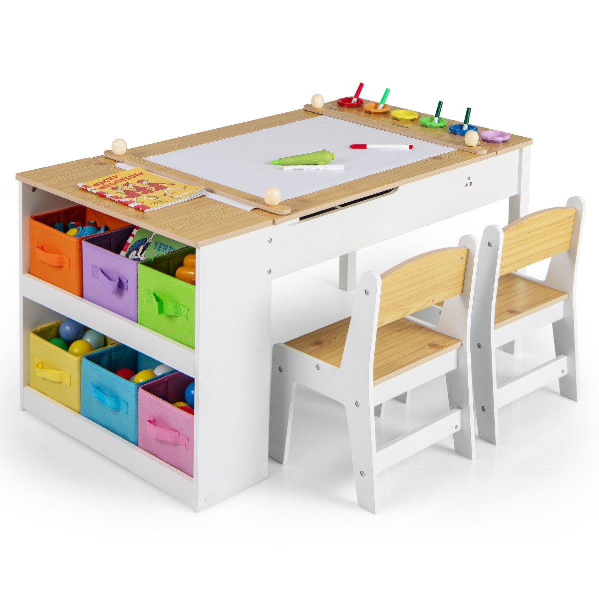 2-in-1 Kids Art Table and Easel Set with Chairs and Liftable Tabletop-Natural