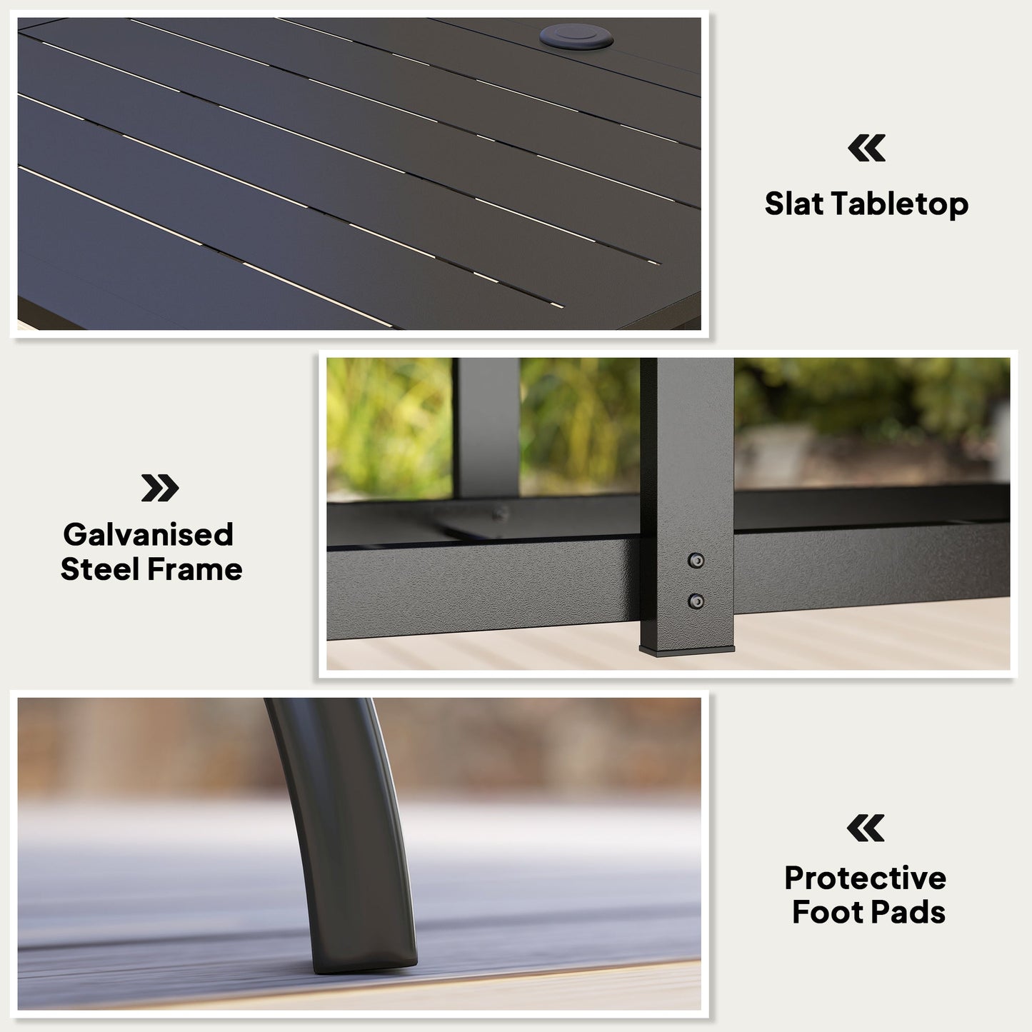 Outsunny Rectangle Garden Dining Table with Parasol Hole, Patio Table with Steel Frame and Slat Tabletop, 150cm x 90cm, Black