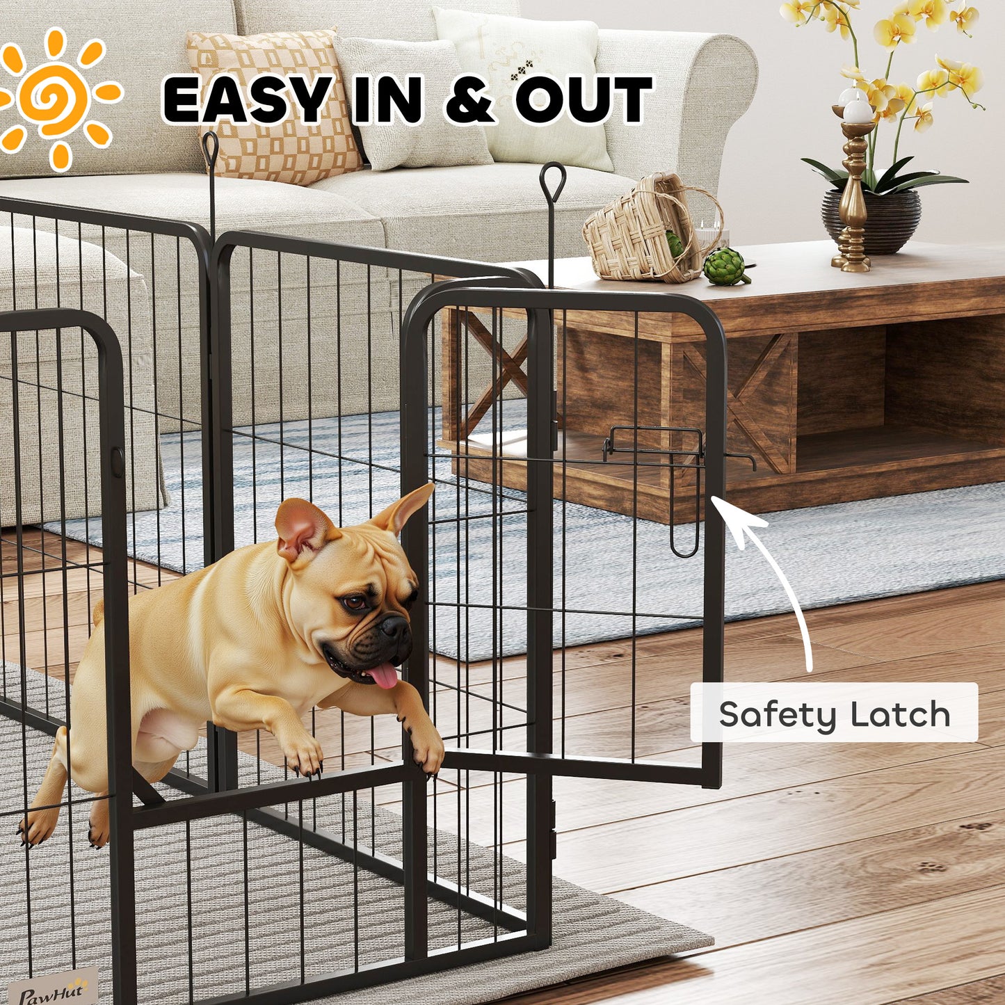 PawHut Eight-Panel Dog Playpen with Door, for Large Dogs, Indoors, Outdoors, 60cm Tall, Black
