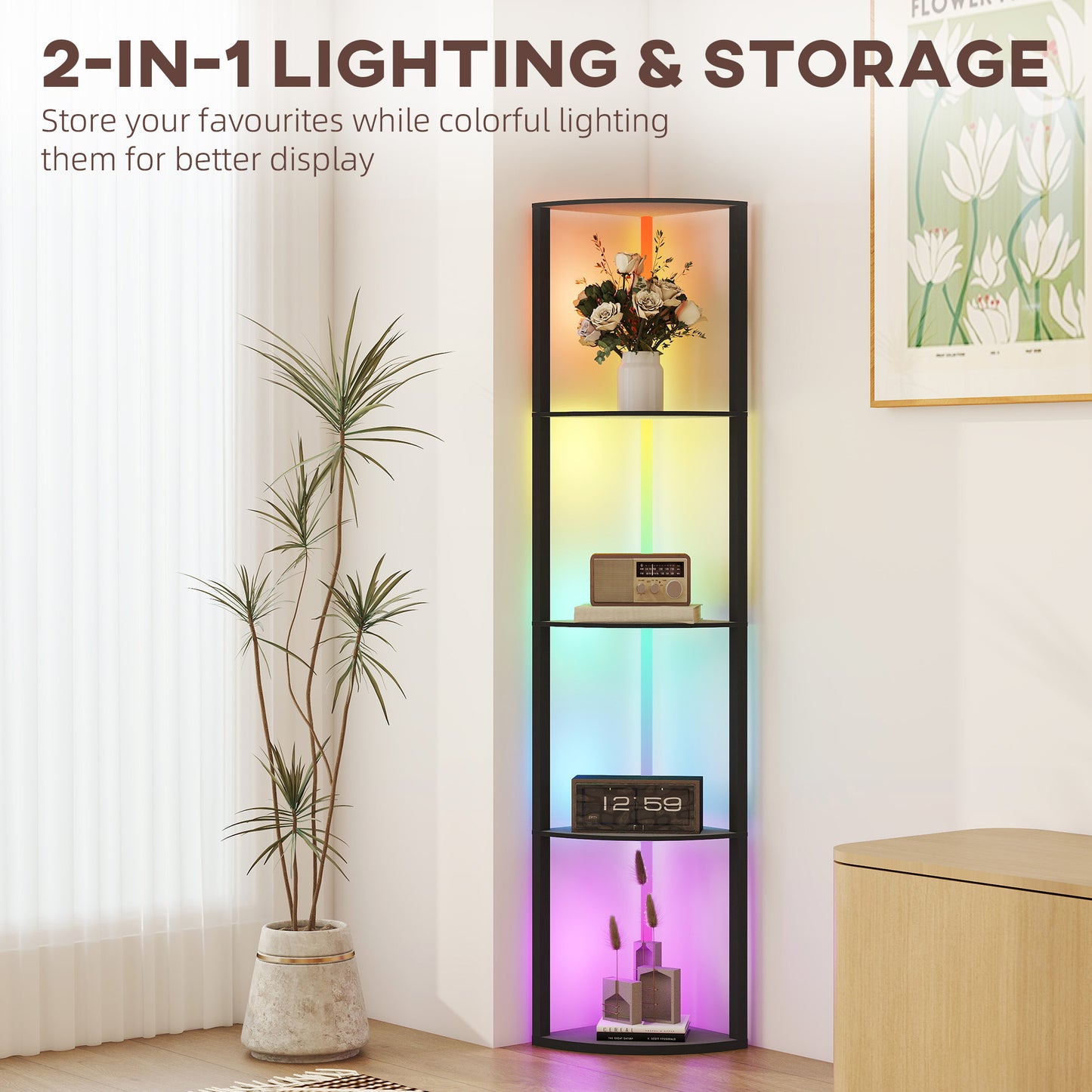 HOMCOM RGB LED Floor Lamp with Shelves, 4-Tier Dimmable Standing Lamp with Remote Control, Black