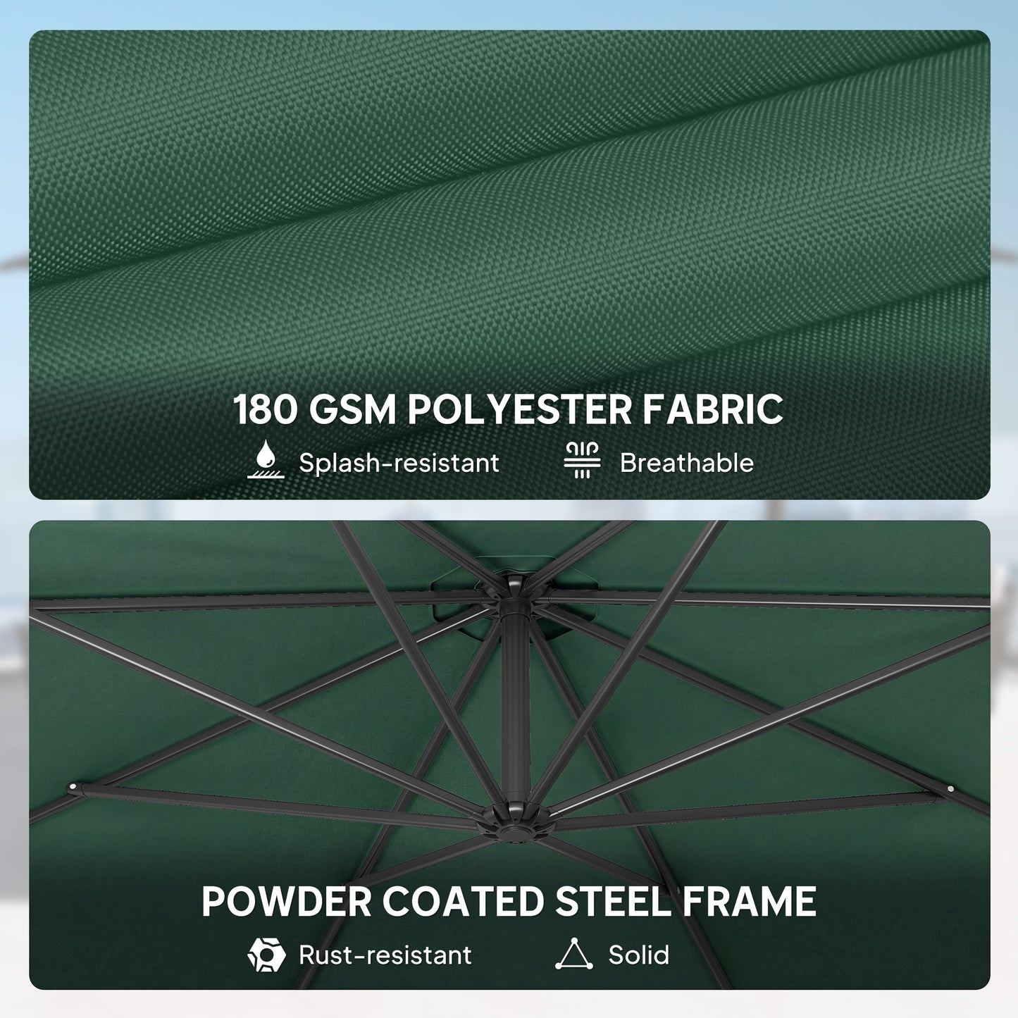 Outsunny 3 m Overhanging Cantilever Parasol, with Cross Base - Dark Green