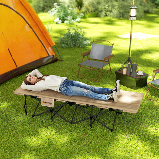Outsunny Folding Camping Bed for Adults with Cushion, Heavy Duty Portable Travel Camping Cot with Headrest, Side Pocket and Non-Slip Foot Pads for Outdoor Beach Travel Office, Khaki