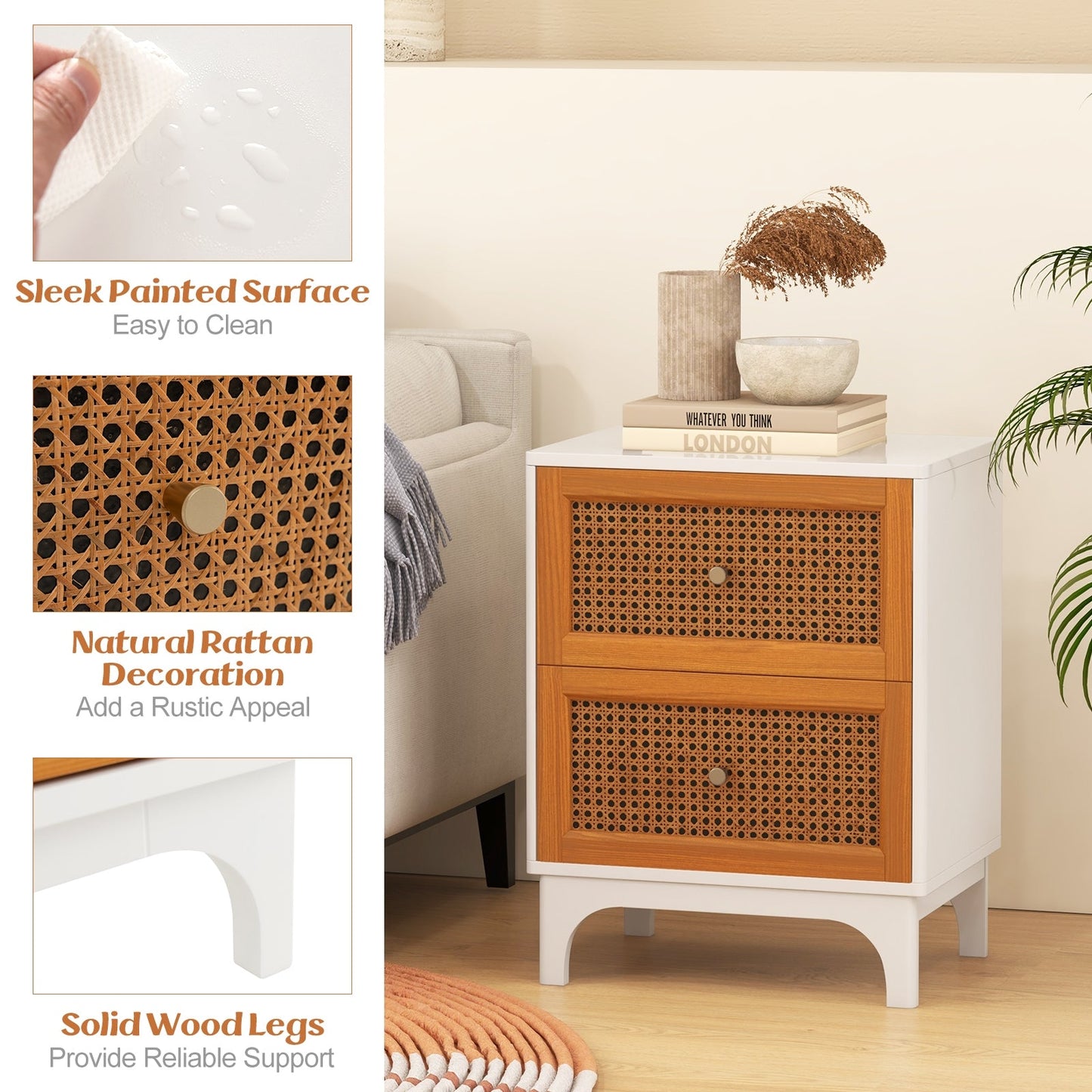 Boho Accent Table Nightstand with 2 Handwoven Rattan Decorated Drawers-White