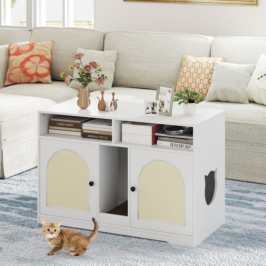 Cat Litter Box Enclosure with Storage and Double Rooms for 2 Cats-White