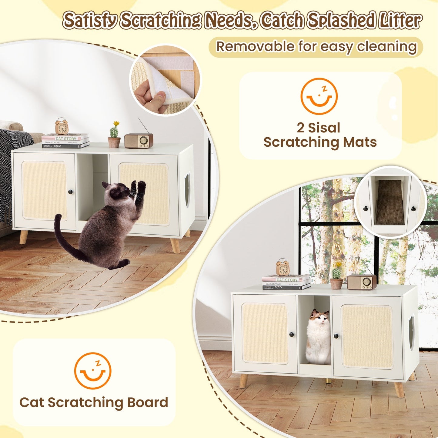 Cat Litter Box Enclosure for 2 Cats with Double Rooms and 2 Sisal Scratching Mats-White