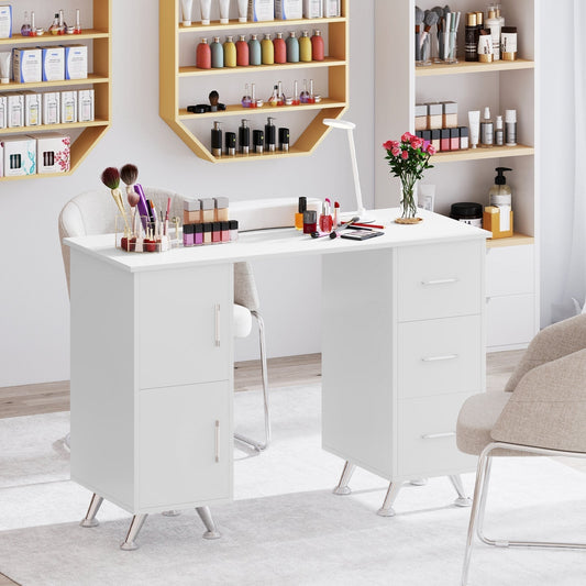 Manicure Table Nail Desk Nail Tech Station with Drawers-White