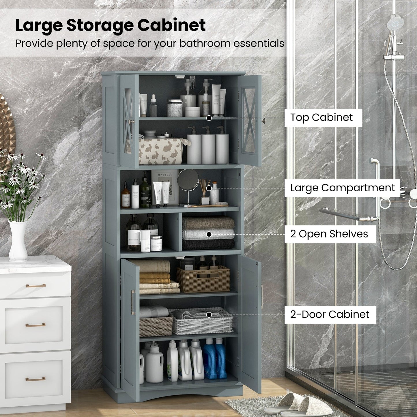 Tall Bathroom Cabinet with Acrylic Doors and Adjustable Shelves-Grey