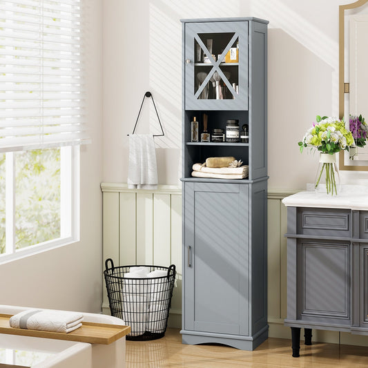 Narrow Tall Bathroom Freestanding Storage Cabinet with 5 Adjustable Shelves-Grey