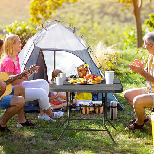 2.6FT Foldable Dining Table with Wood Grain HDPE Tabletop and Non-slip Foot Pads-Black