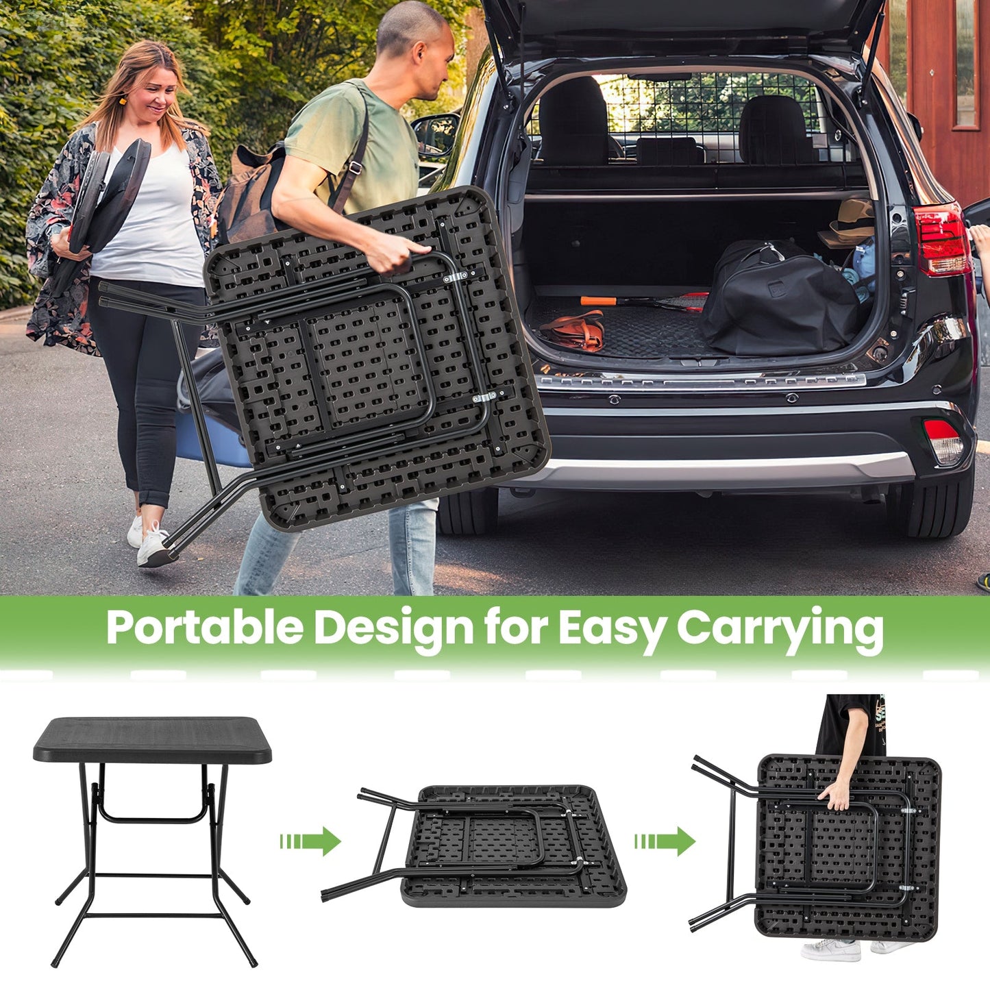 2.6FT Foldable Dining Table with Wood Grain HDPE Tabletop and Non-slip Foot Pads-Black