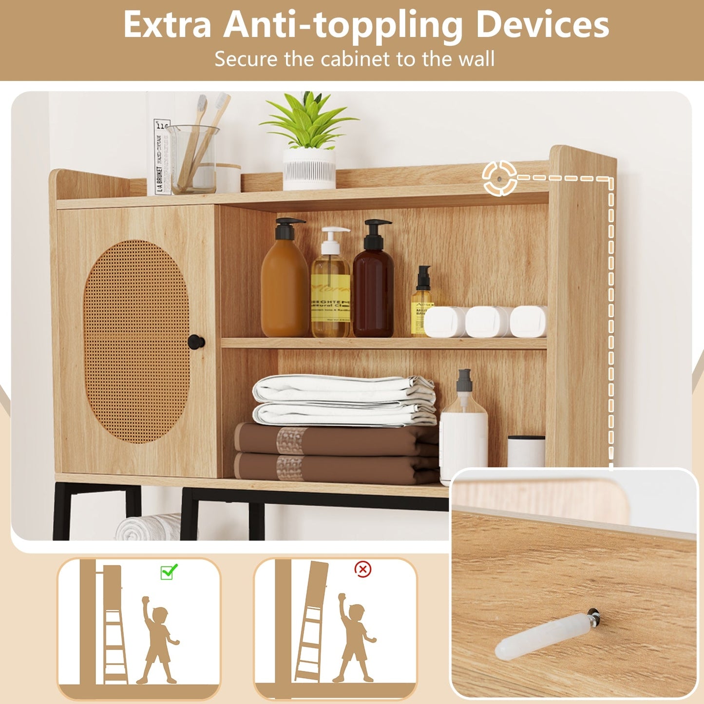 Over The Toilet Storage Cabinet with PE Rattan Door and Adjustable Shelf-Natural