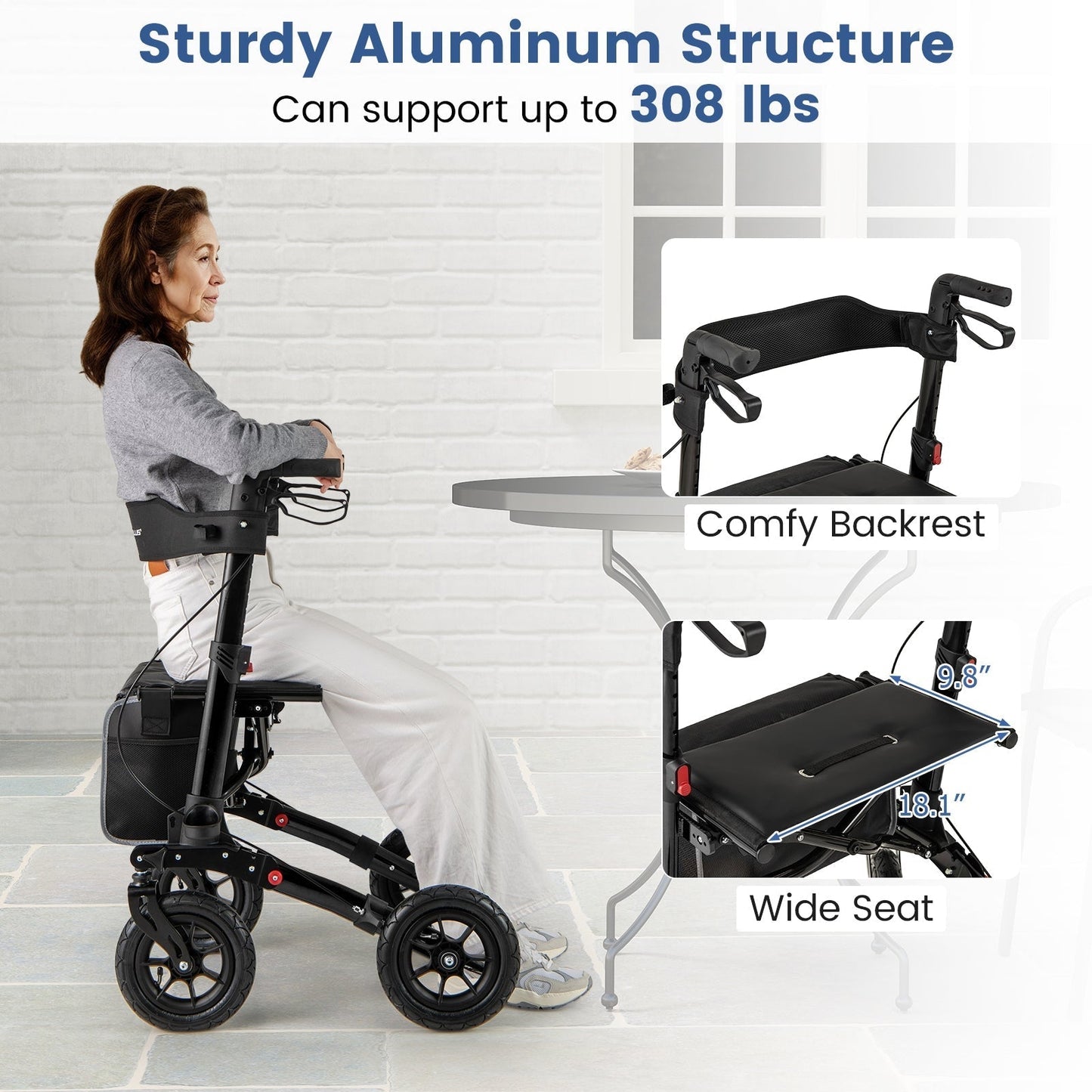 Walker for Seniors with Seat Folding Rollator Walker with Pneumatic Tires-Black