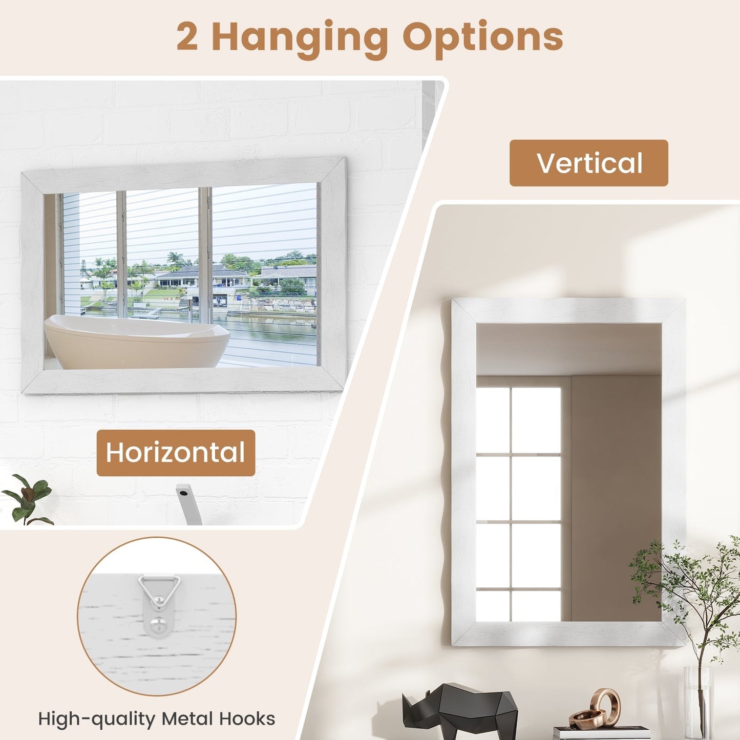 Farmhouse Wall Mirror Rubber Wood Rustic Style Wall Mirror-White