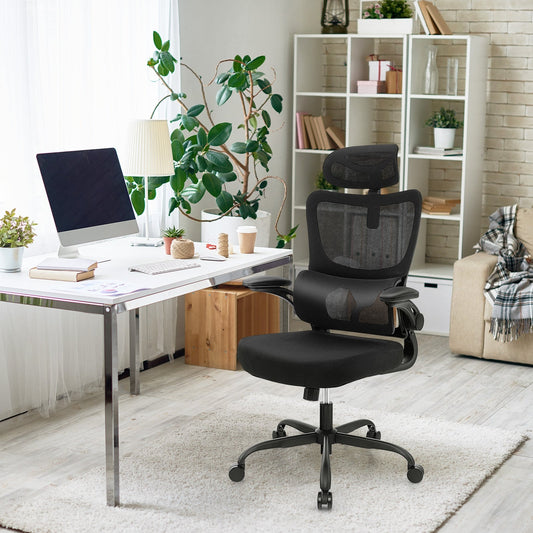 Mesh Office Chair with Adaptive Lumbar Support, Flip-up Armrests, Reclining Backrest-Black