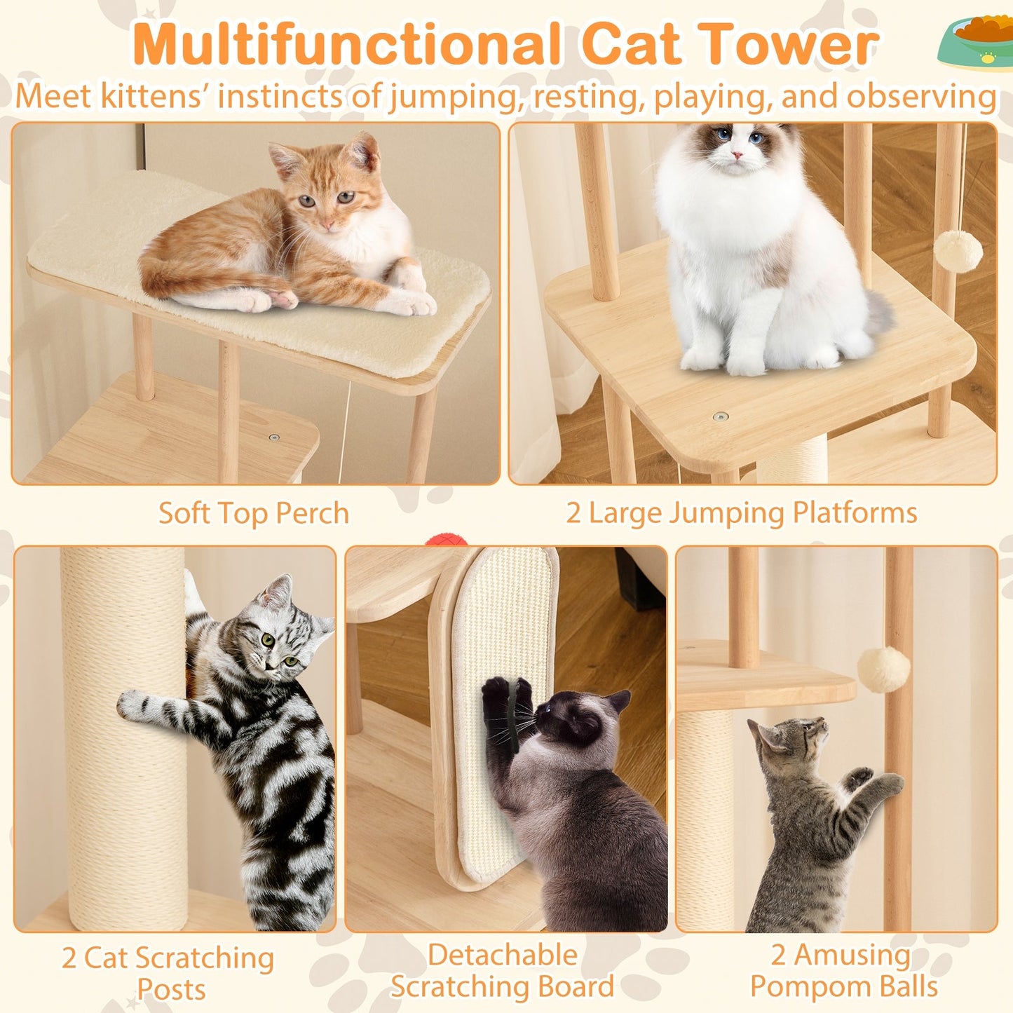 126CM Tall Cat Tower with Solid Oak and Beech Wood Frame