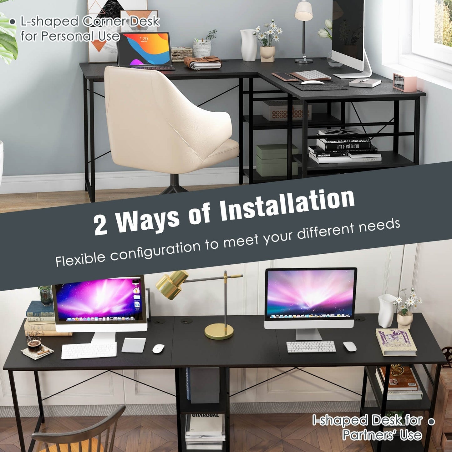 151CM Convertible L-shaped Computer Desk with 4 Storage Shelves for Home Office-Black