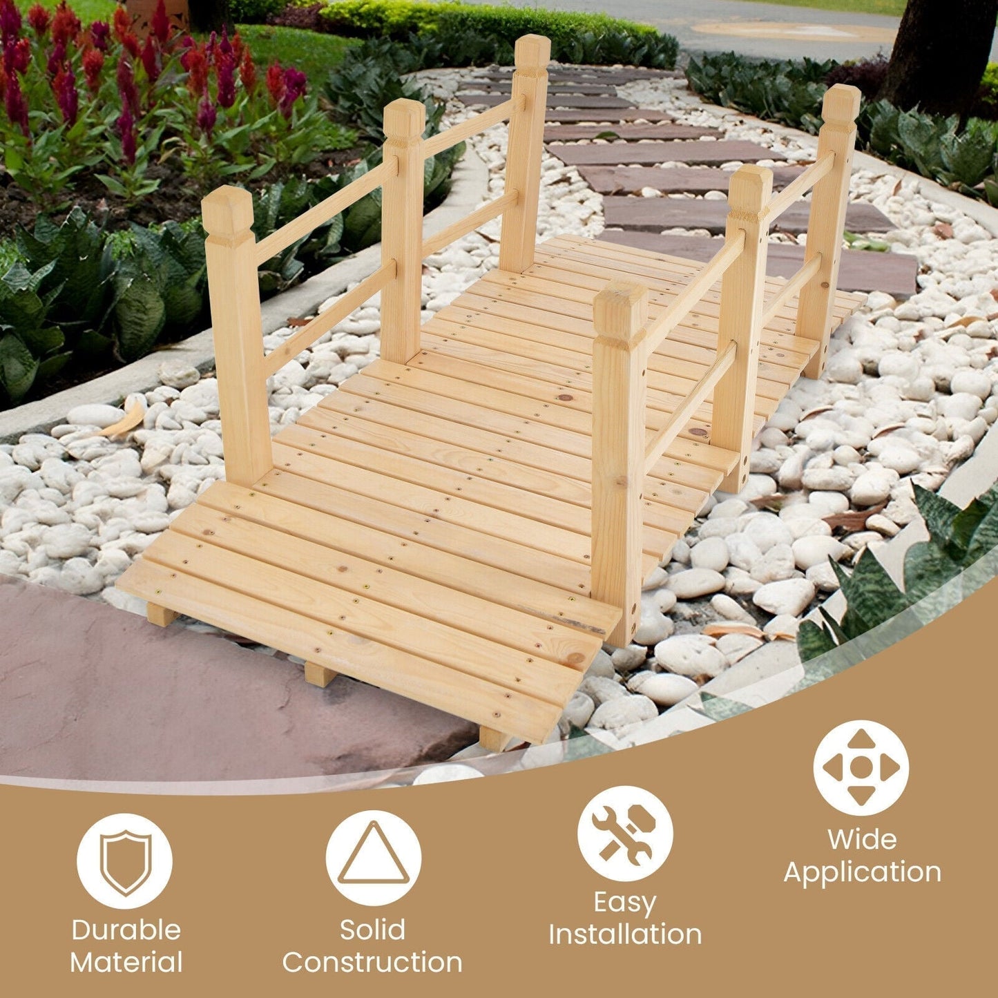 5 Feet Wooden Garden Bridge with Safety Rails-Natural