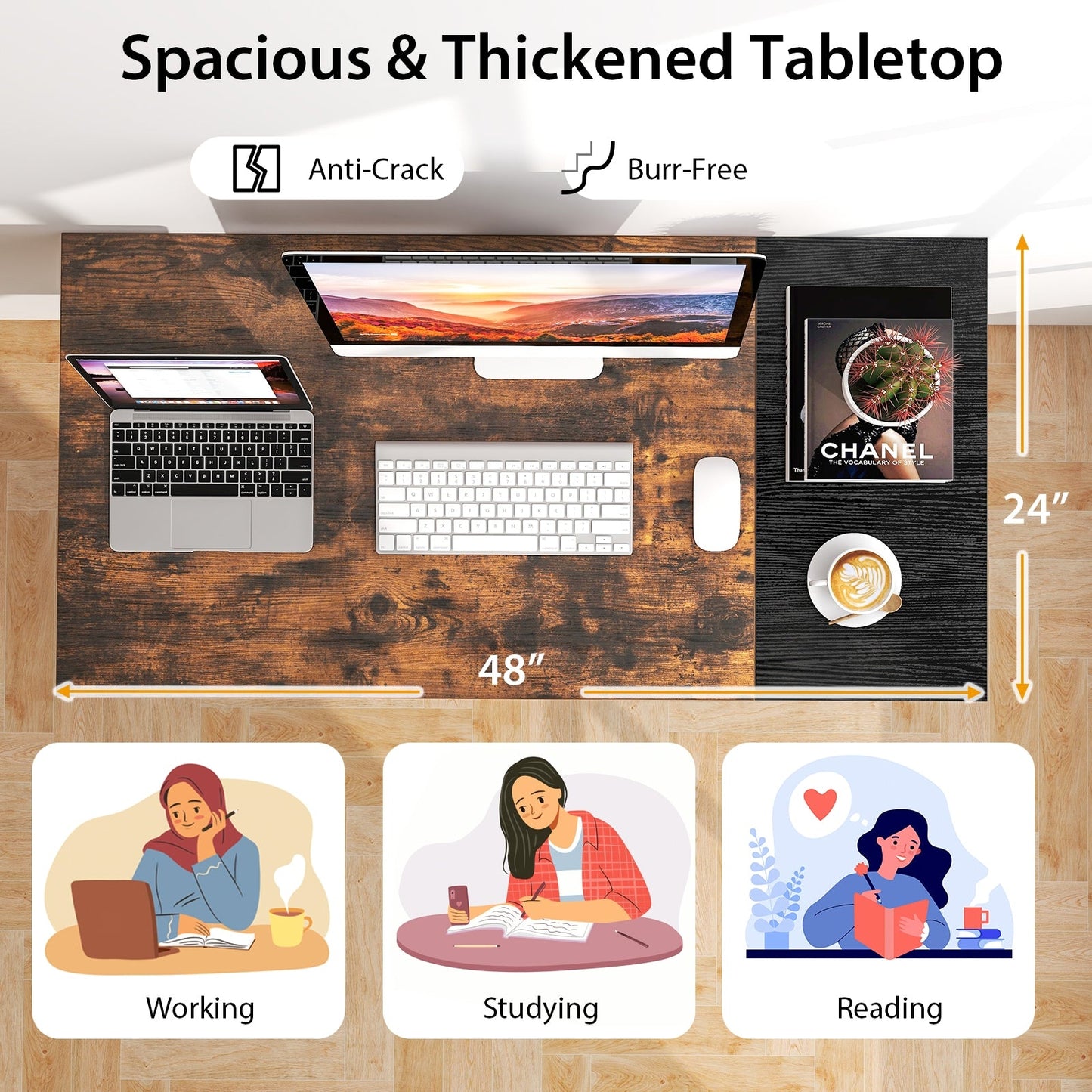 48/55-Inch Home Office Desk with 2 Drawers Hanging Hook-S