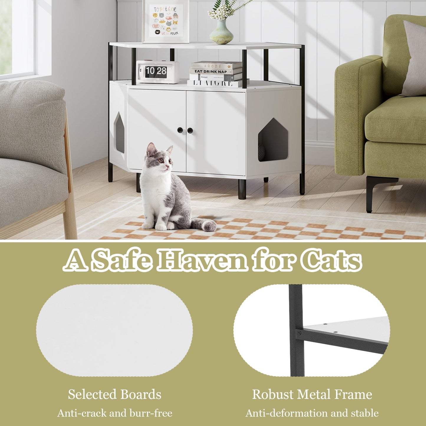 Corner Cat Litter Box Enclosure with Open Shelf Entries and Double Doors-White