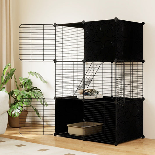 3-Tier Indoor Metal Wire Kitten Enclosure with 2 Ramps and Pet Pen-Black