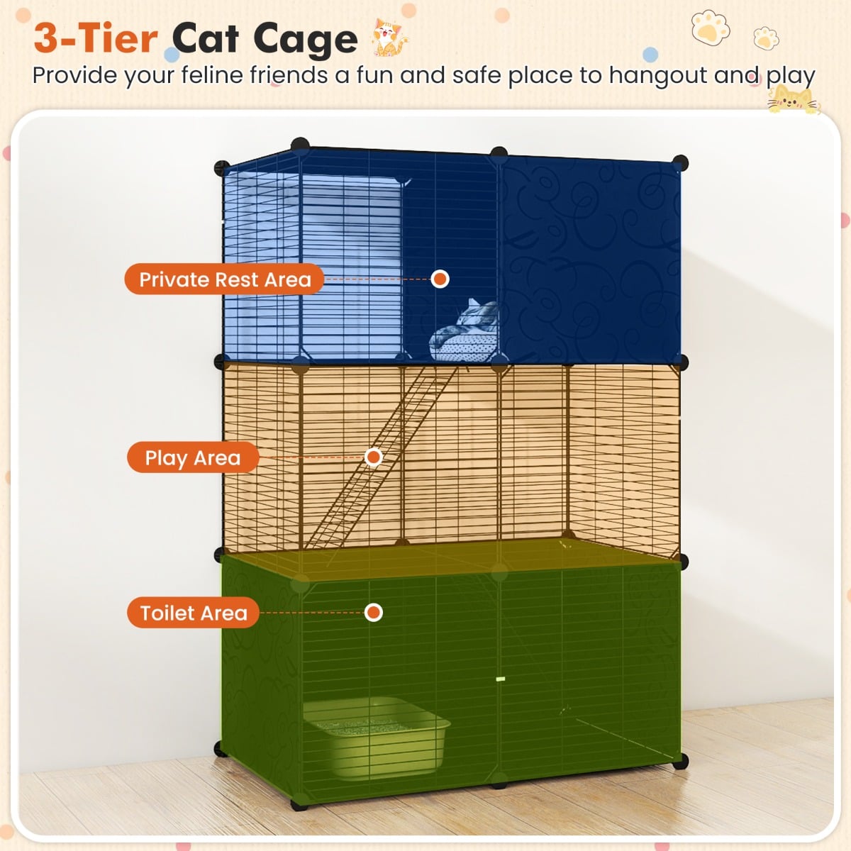 3-Tier Indoor Metal Wire Kitten Enclosure with 2 Ramps and Pet Pen-Black