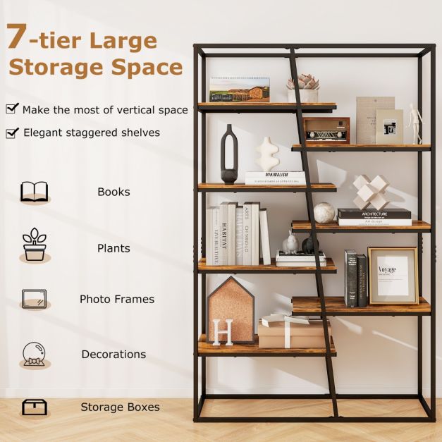 7-Tier Industrial Etagere Bookcase with Heavy-duty Metal Frame-Rustic Brown