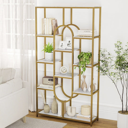 Industrial Etagere Bookcase with Open Storage Shelves and Oval Shape-White