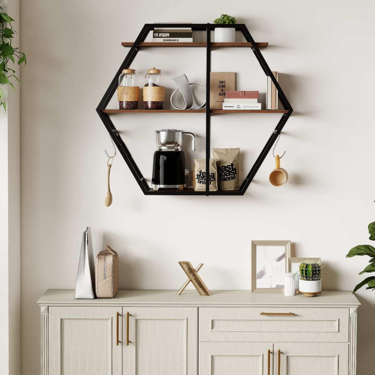 Industrial Hexagon Shelves for Wall 3-Tier Decorative Floating Wall Shelves with Hooks-Rustic Brown