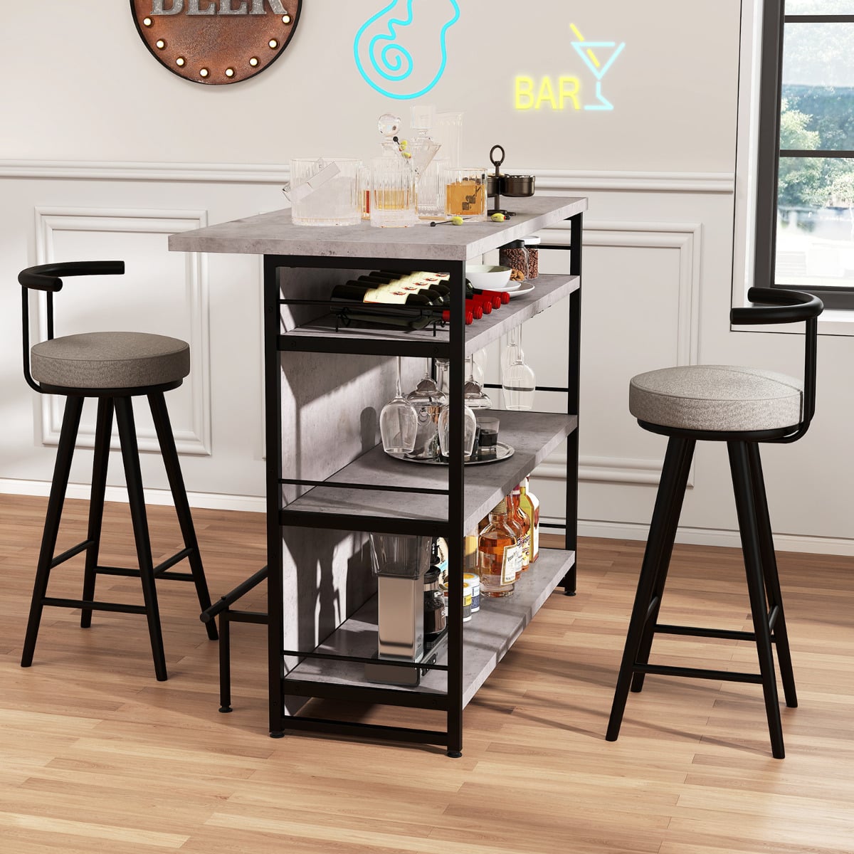 Industrial Home Bar Unit with 3 Open Shelves-Grey