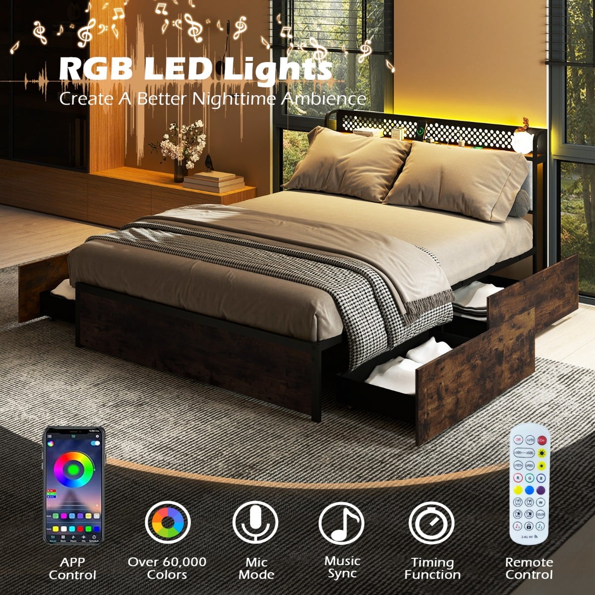 Industrial Metal Platform Bed with LED Lights and USB Power Outlets -Double Size