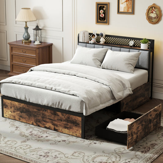 Industrial Metal Platform Bed with LED Lights and USB Power Outlets -King Size