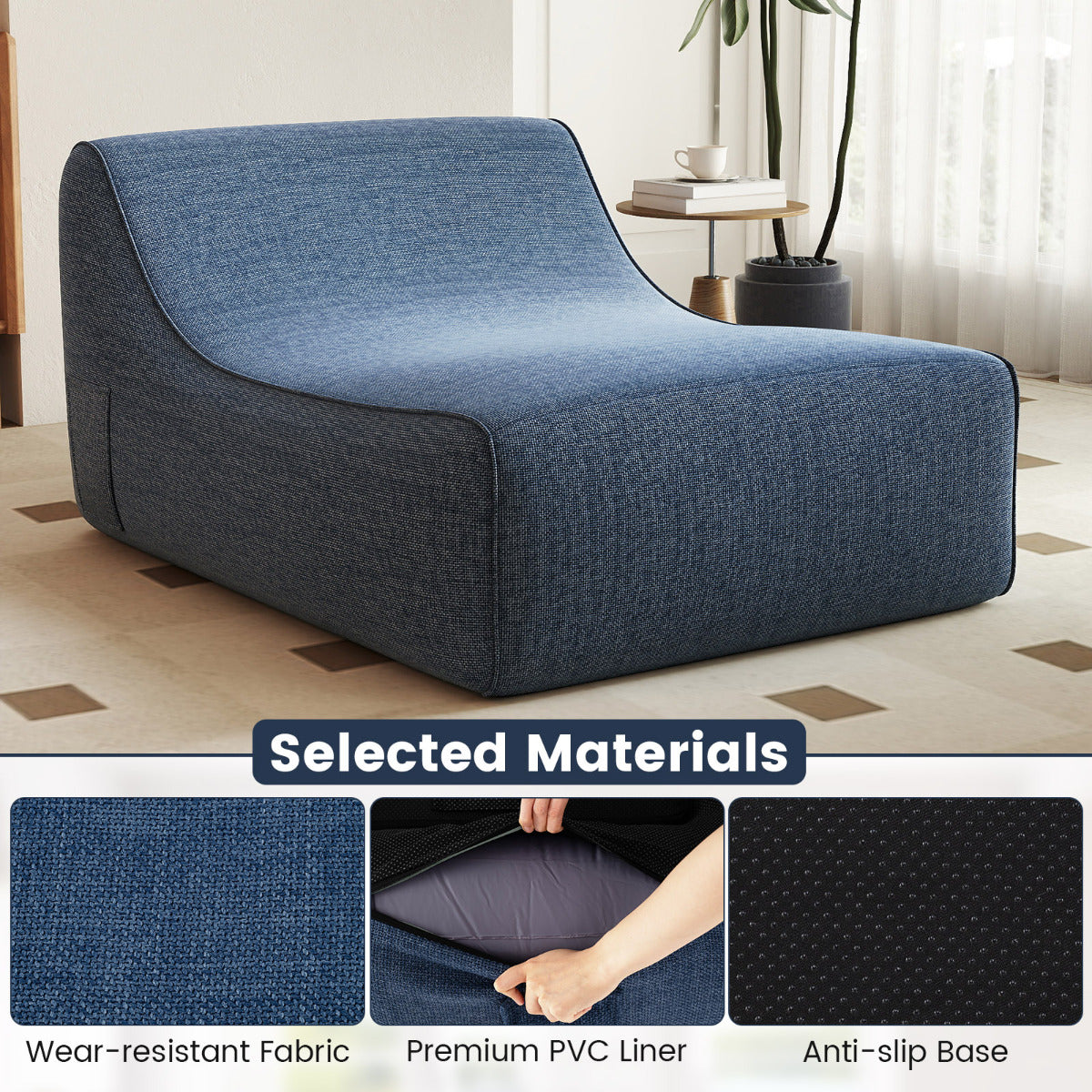 Inflatable Lounge Chair Ergonomic Blow Up Lazy Sofa with Detachable Cover and Anti-Slip Base-Blue