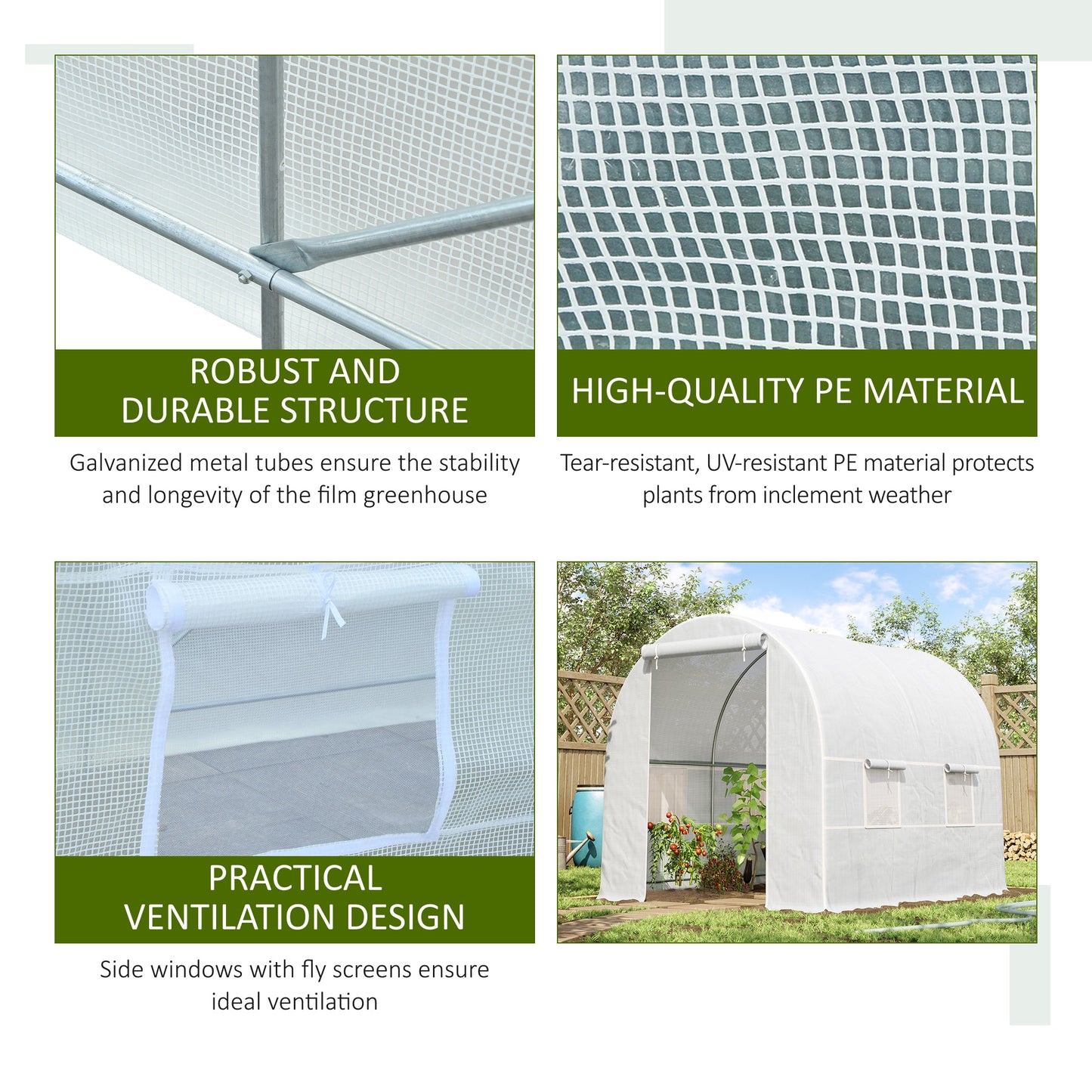 Outsunny 2.5 x 2 x 2 m Polytunnel Greenhouse, Walk-in Green House for Garden with Mesh Windows, Galvanised Steel Frame, White