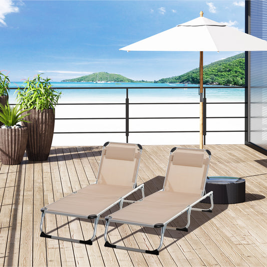 Outsunny Foldable Outdoor Sun Loungers Set of 2, Reclining Lounge Chair Camping Bed Cot with Pillow 4-Level Adjustable Back Aluminium Frame, Khaki