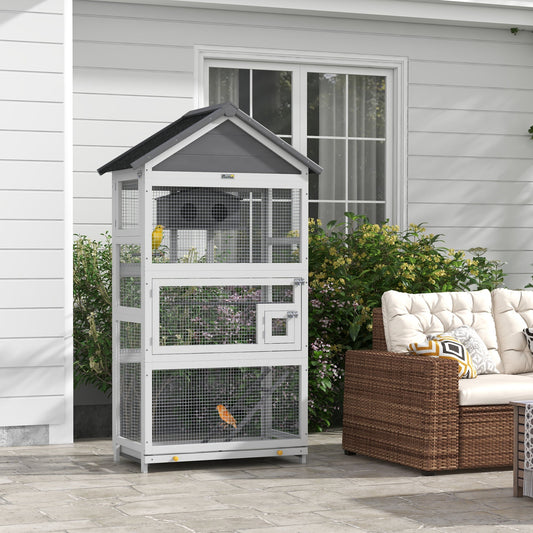 PawHut Wooden Bird Cage, with Stand, for Finches, Parakeets, Small birds - Grey