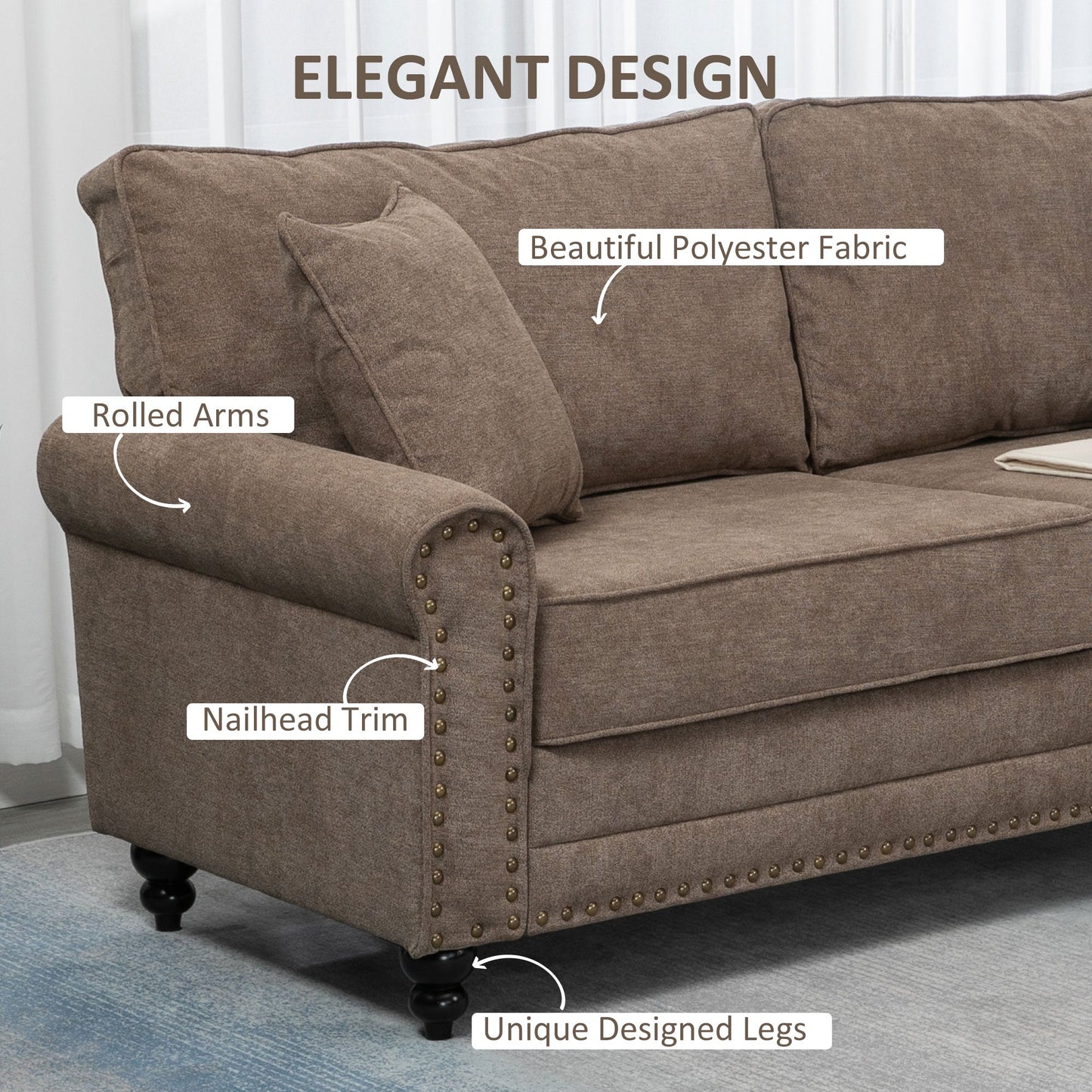 HOMCOM 196cm 3 Seater Sofa, Fabric Sofa with Rubber Wood Legs, Nailhead Trim, 2 Pillows, Small Upholstered Couch Settee for Living Room, Guest Room, Brown