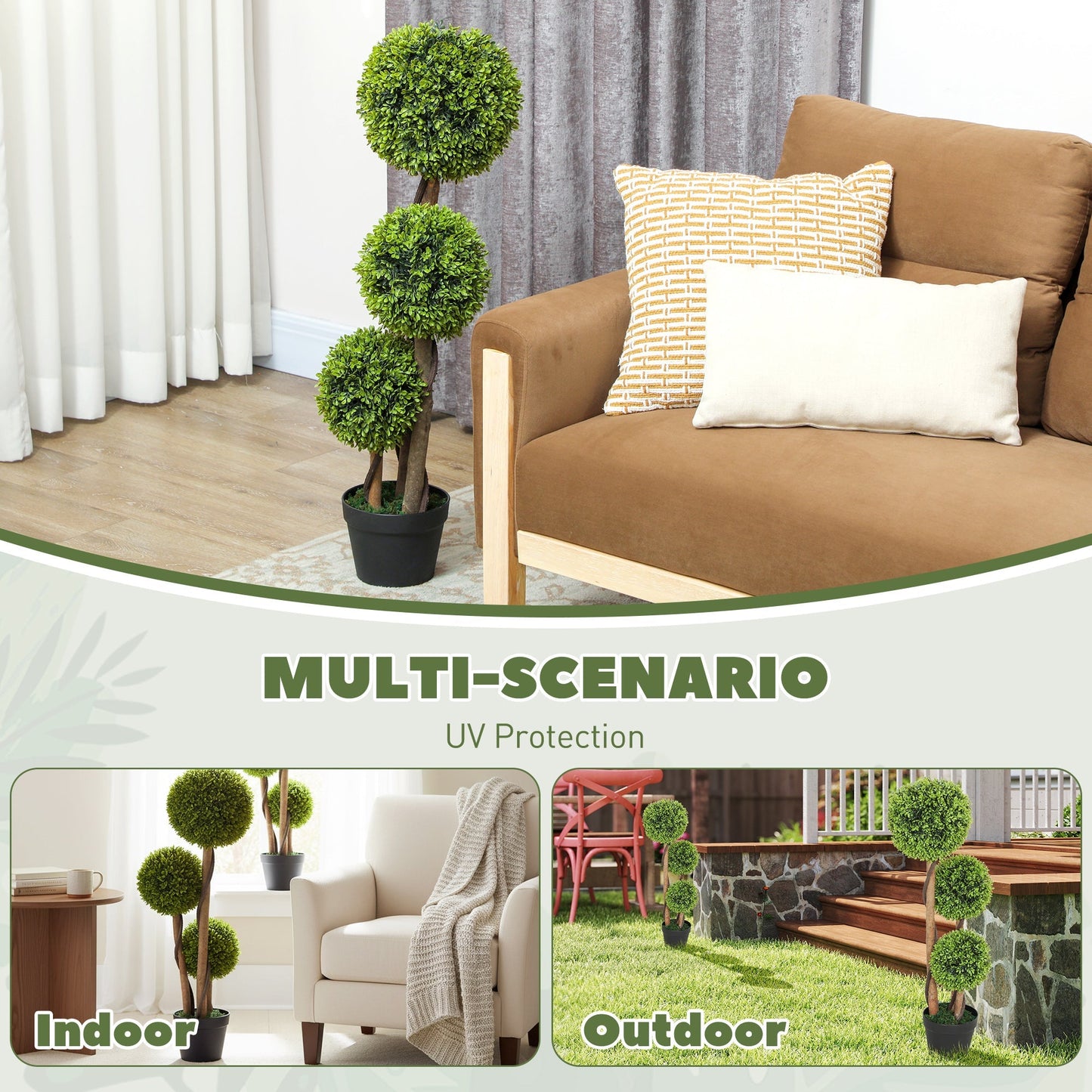 HOMCOM Decorative Artificial Trees Boxwood Ball Topiary Trees Set of 2 in Pot, Fake Plants for Home Indoor Outdoor Decor
