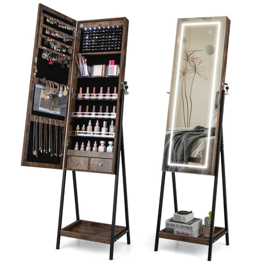 LED Standing Jewelry Mirror Cabinet with 3-Color Lighted Full-Length Mirror-Rustic Brown