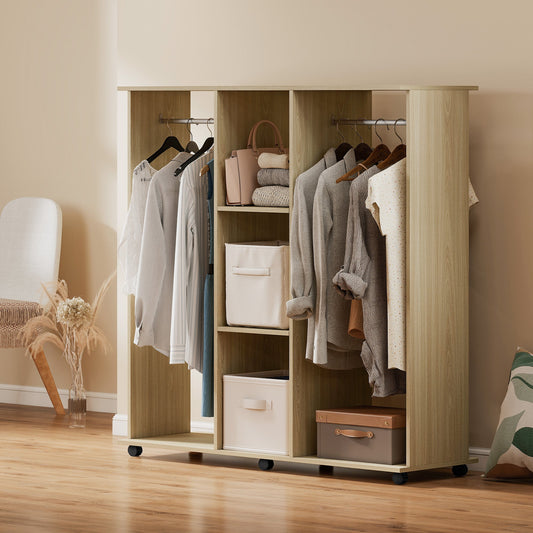 HOMCOM Open Wardrobe Double Mobile Storage Shelves Organizer W/6 Wheels-Natural