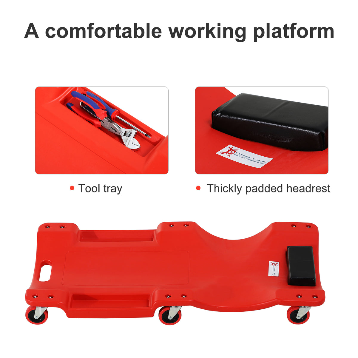 DURHAND Mechanic Vehicle Creeper, Under-Car Rolling Crawler Board, with Headrest, Wheels, Red